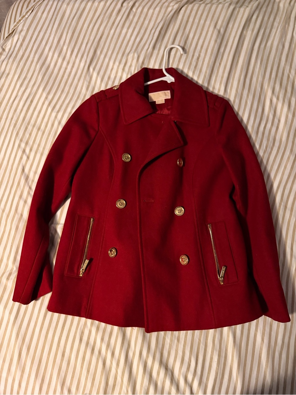 MICHAEL Michael Kors Red Double-Breasted Peacoat with Gold Accents